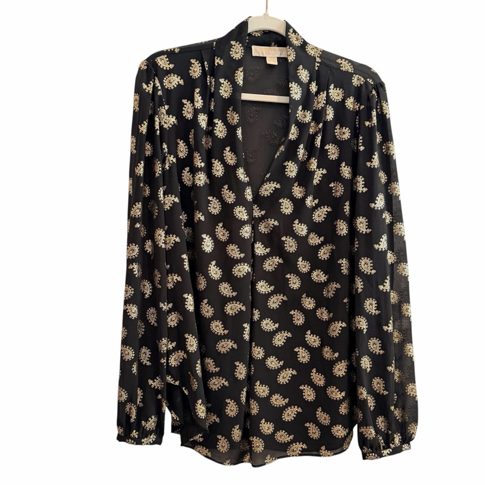 Michael Kors Black Gold Paisley Blouse Large Lined Torso 22” P2P 28.5”